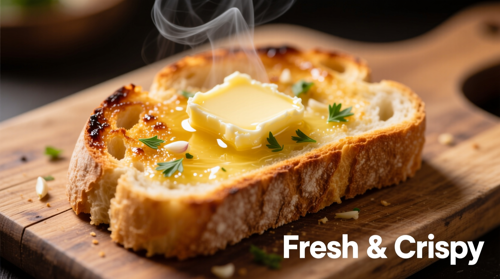 Golden garlic toast with melted butter on rustic bread