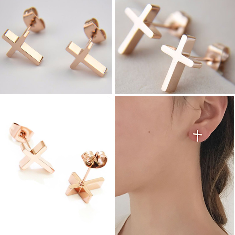 Cheap Wholesale Women Accessories Fashion Jewelry Stainless Steel Custom 18K Rose Gold Plated Simple Cross Stud Earring