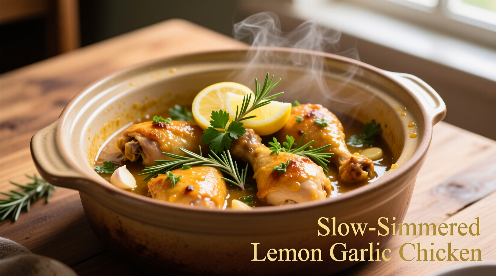 Golden crockpot lemon garlic chicken with fresh herbs