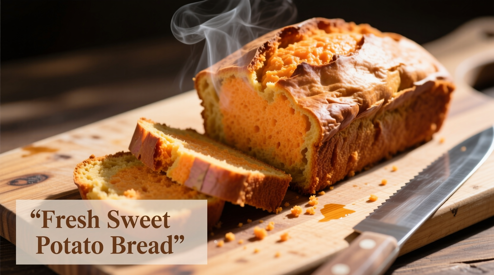 Moist sweet potato bread sliced on wooden board