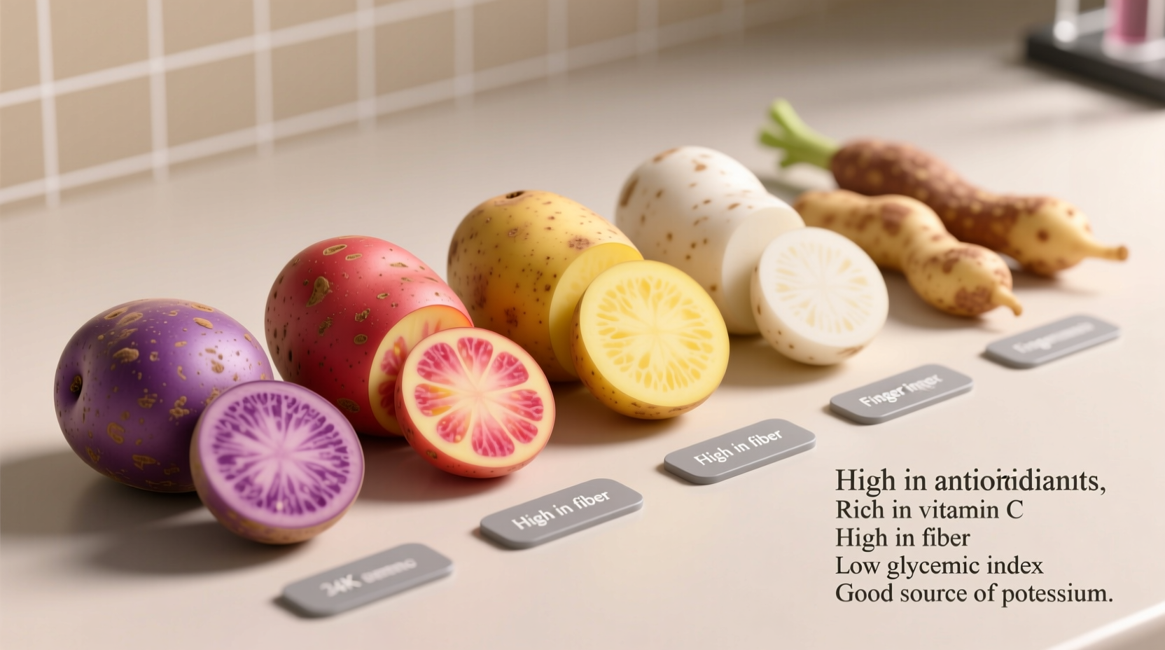 Colorful varieties of potatoes showing nutritional differences