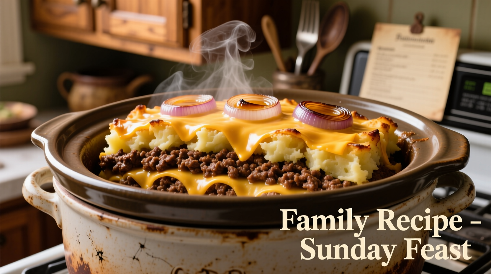 Slow cooker filled with layered hamburger and potato casserole