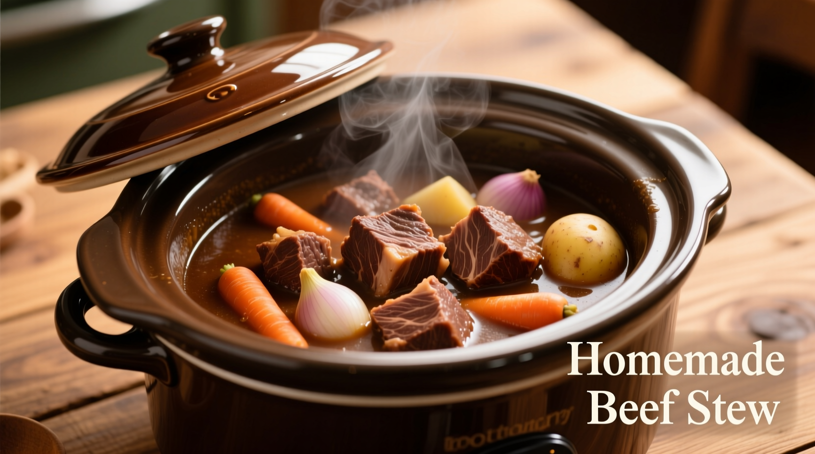 Beef stew in crock pot with tender meat chunks