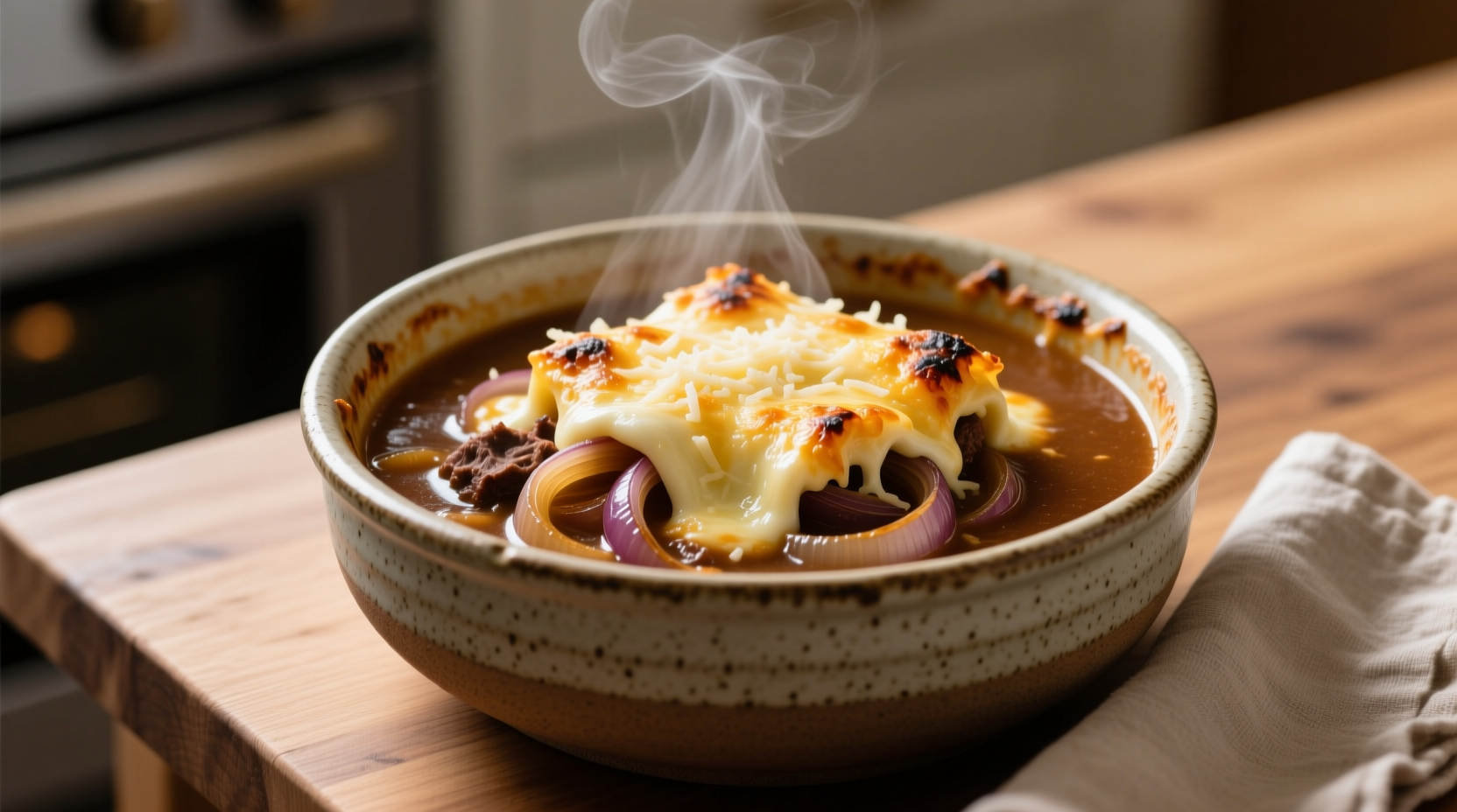 Keto French onion soup in ceramic bowl with melted cheese topping
