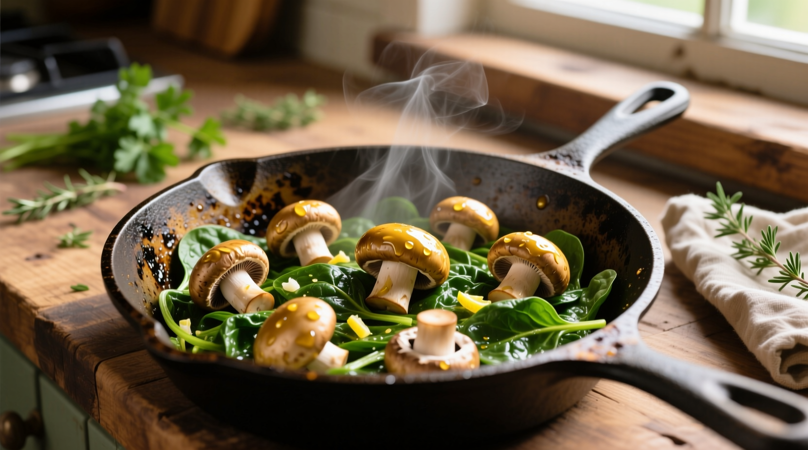 Golden mushrooms and vibrant spinach in cast iron skillet