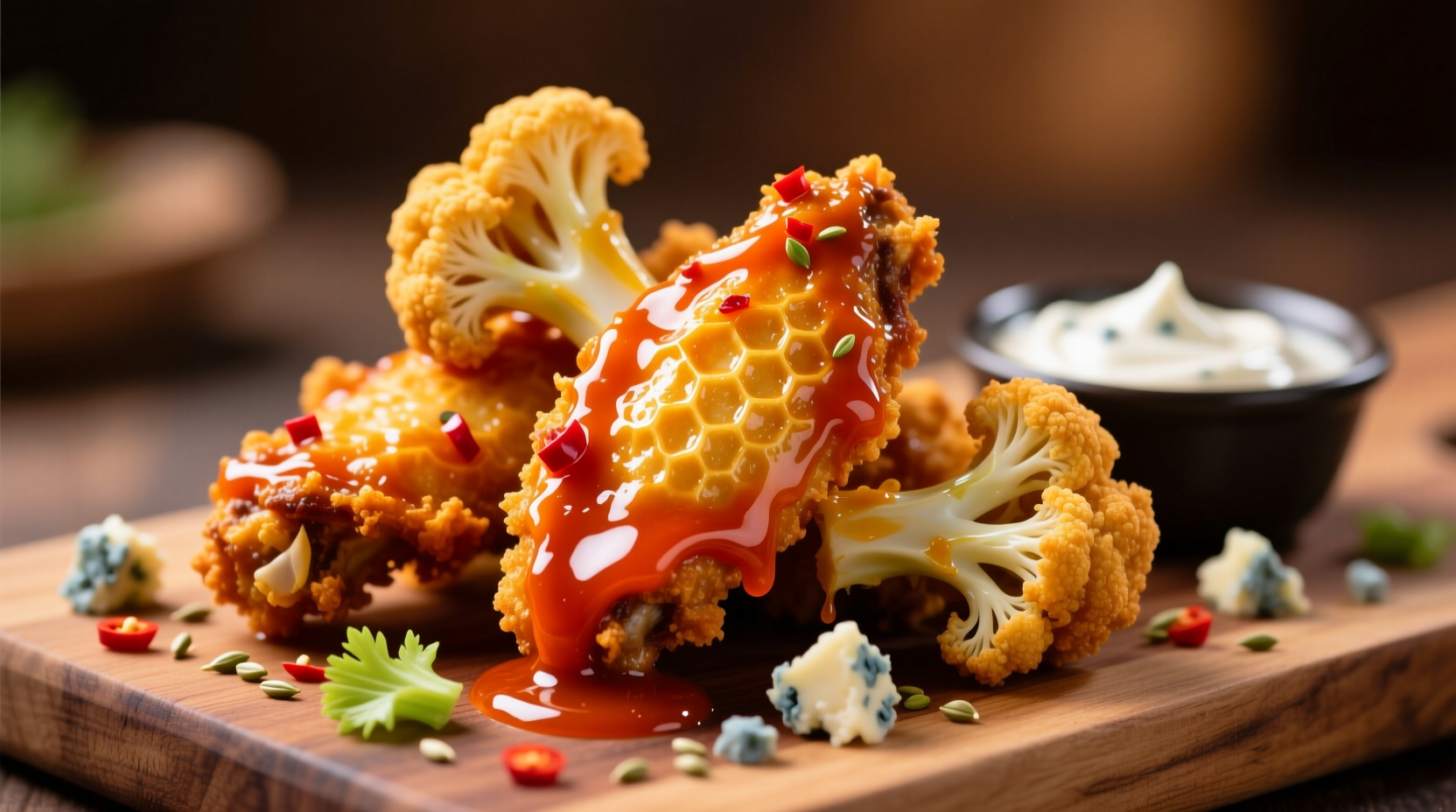 Golden air fried cauliflower wings with buffalo sauce
