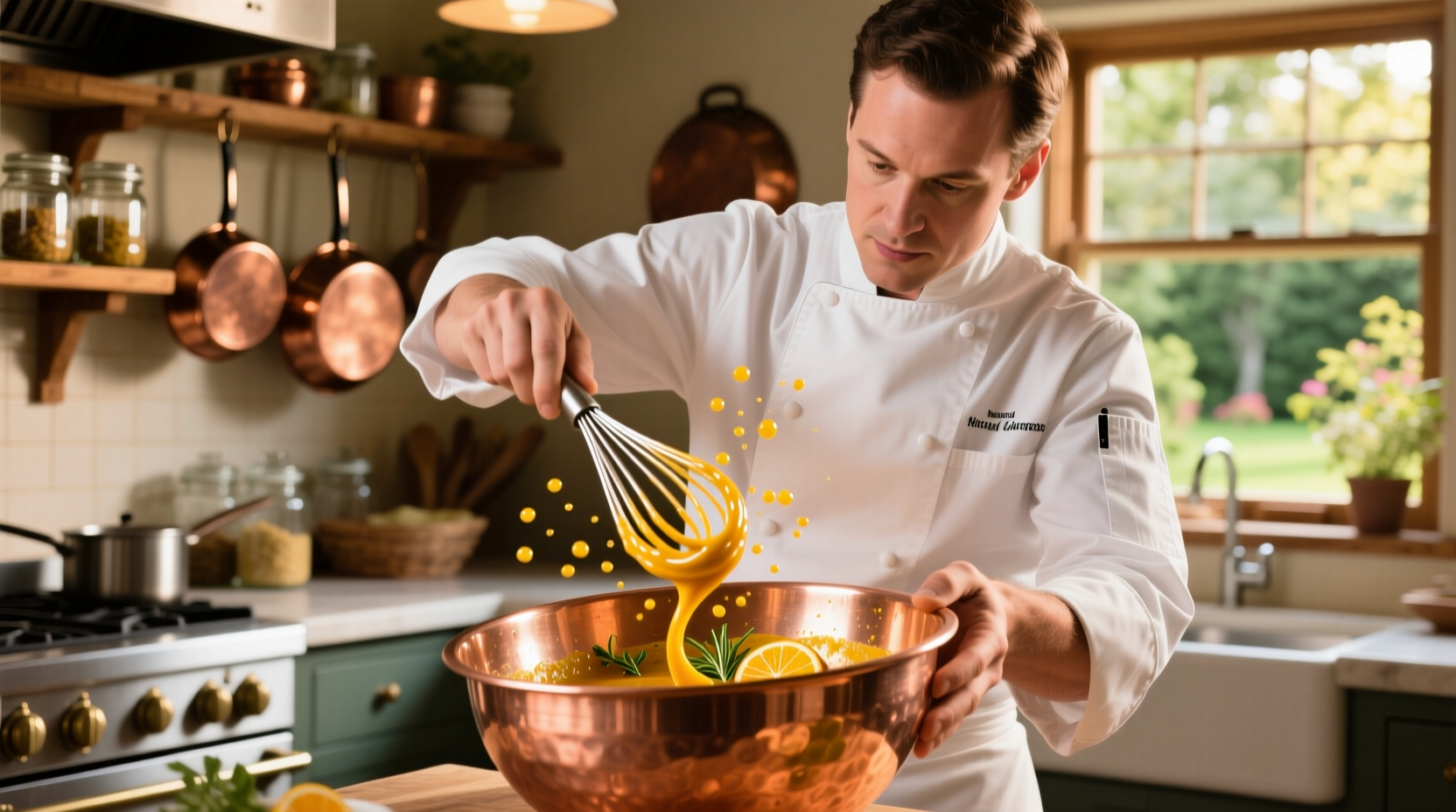 Chef whisking warm dressing in copper bowl