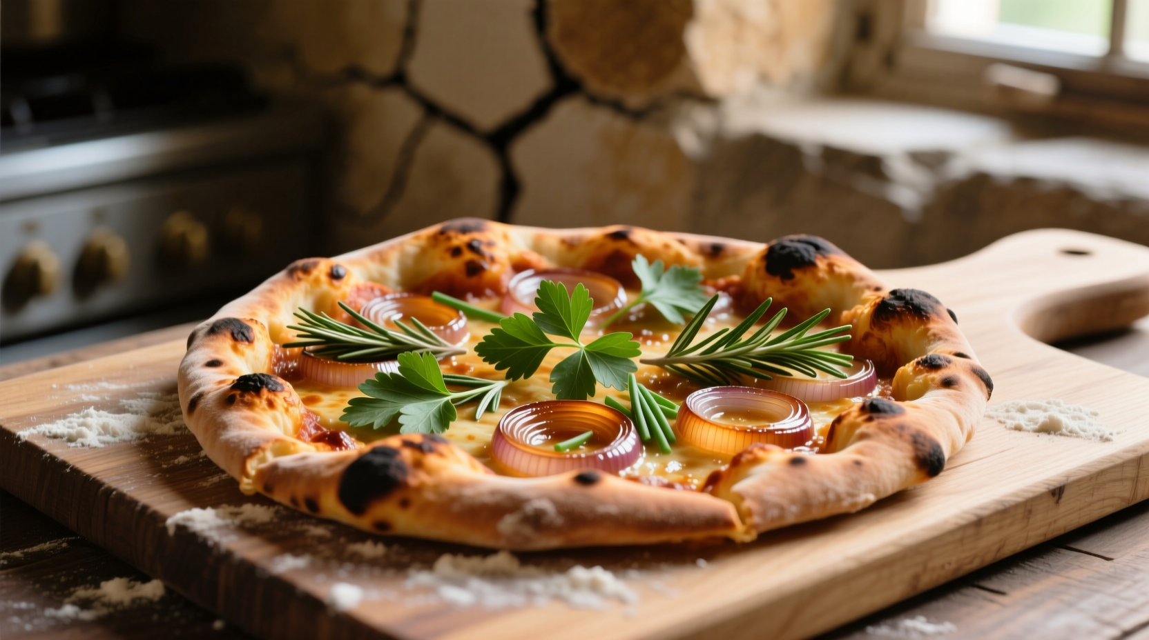 Artisanal pizza with caramelized onions and fresh herbs