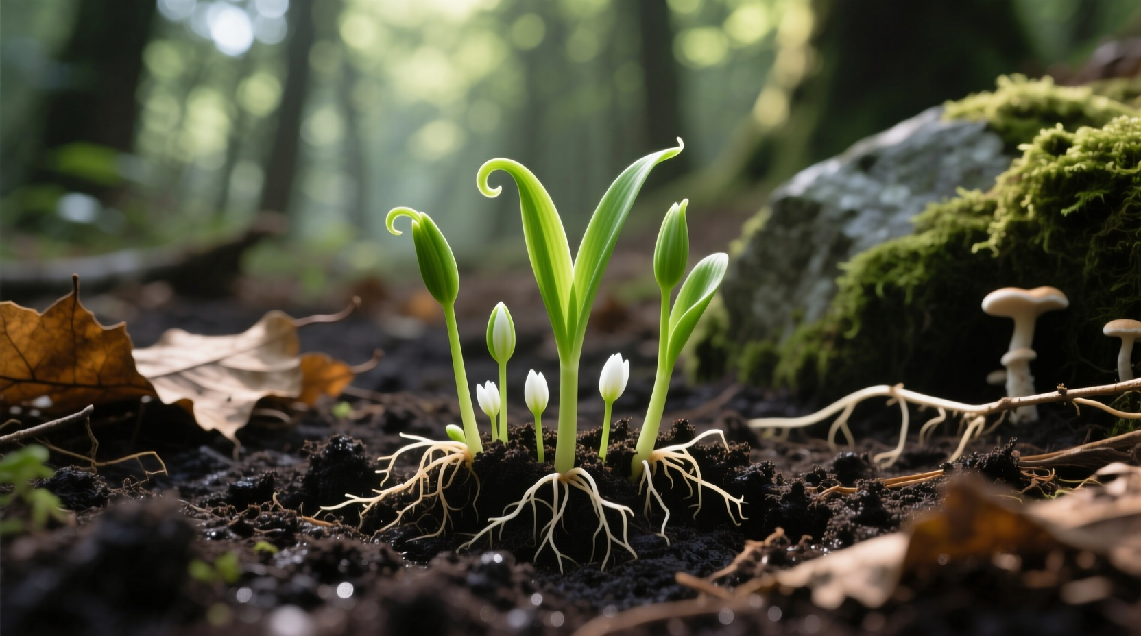 Ramp seedlings growing in forest soil