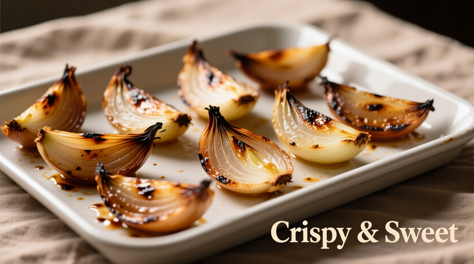 Golden brown roasted onion wedges on baking sheet