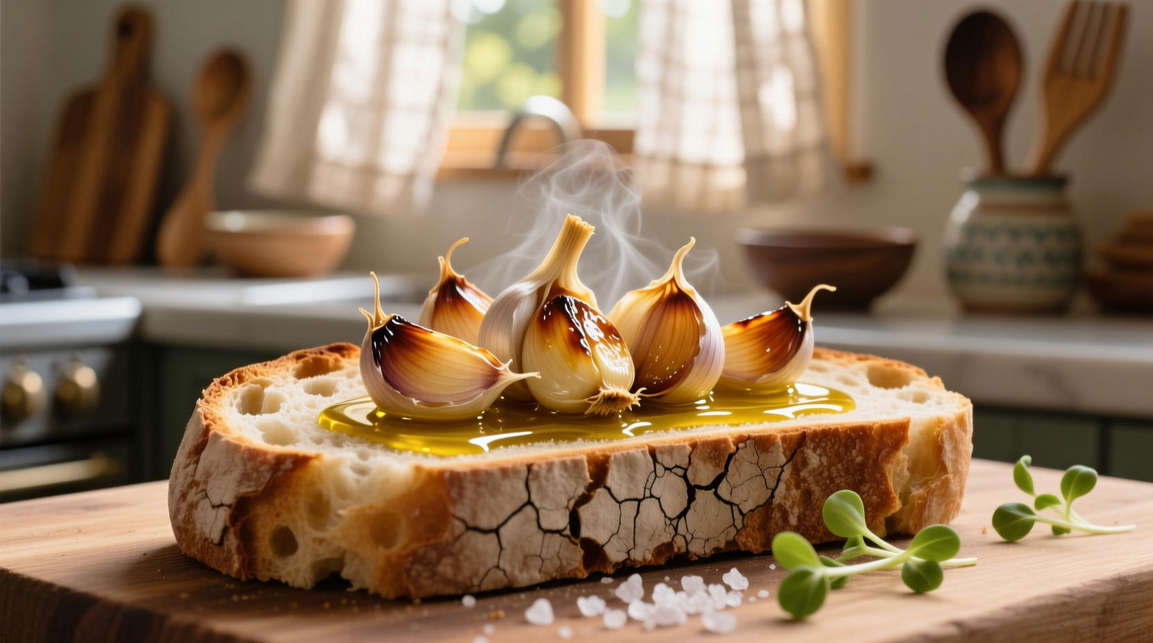 Golden roasted garlic cloves spread on crusty artisan bread