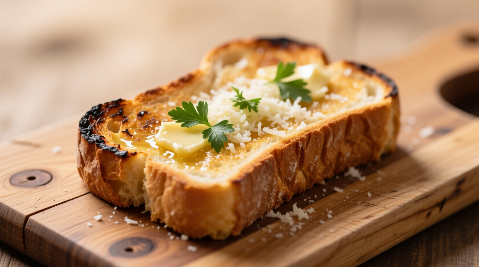 Golden brown Texas toast garlic bread on wooden cutting board
