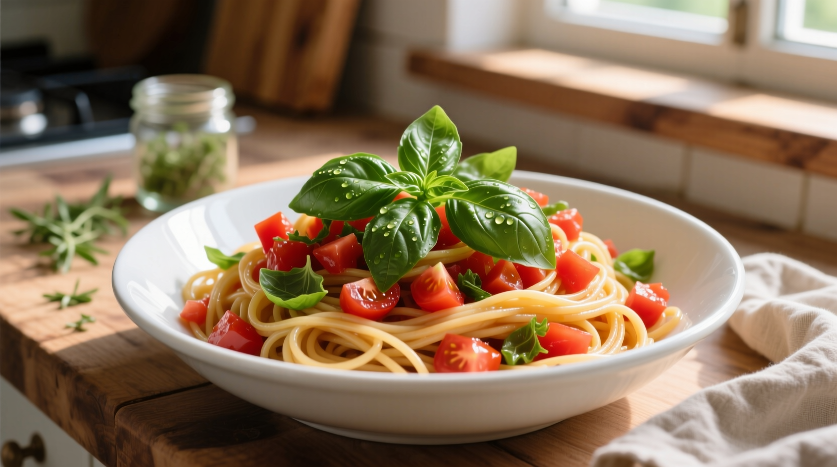 Fresh basil tomato pasta in white bowl with basil garnish