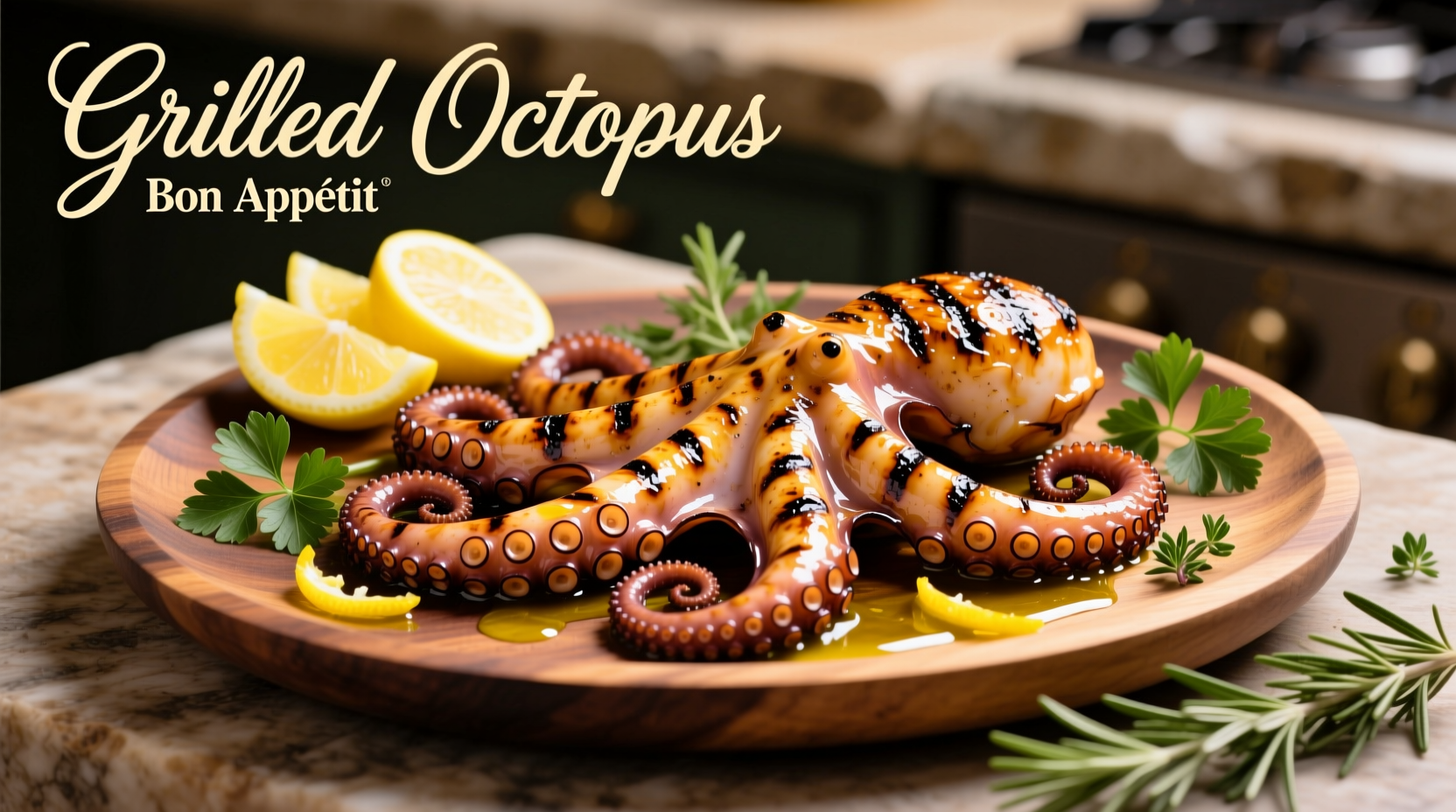 Grilled octopus with lemon and herbs on wooden platter