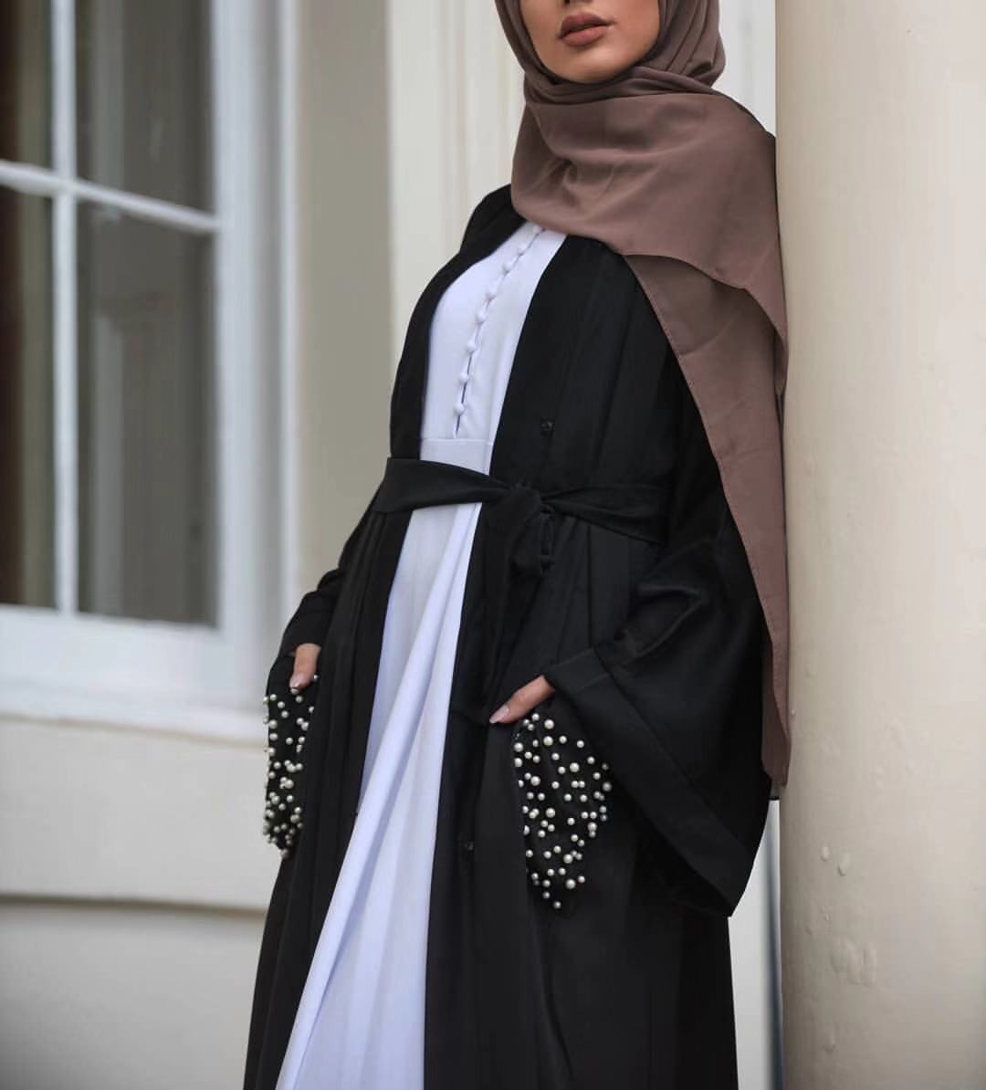 迪拜打开前 abaya 女士腰带马克西礼服穆斯林伊斯兰开衫长袍 abaya