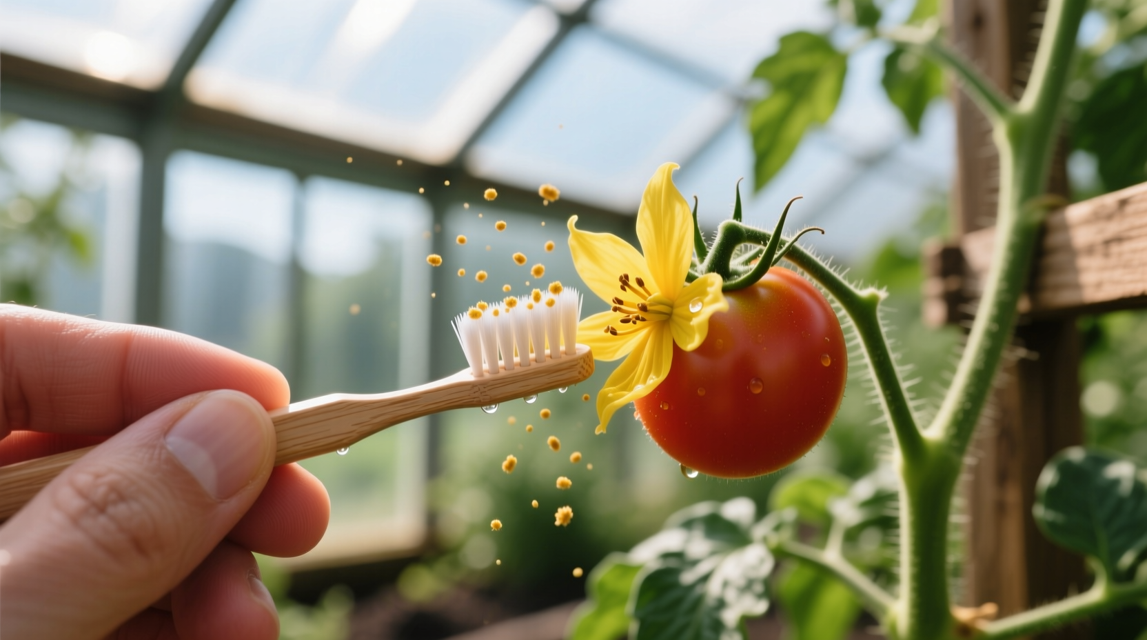 Close-up of hand pollinating tomato flower with toothbrush