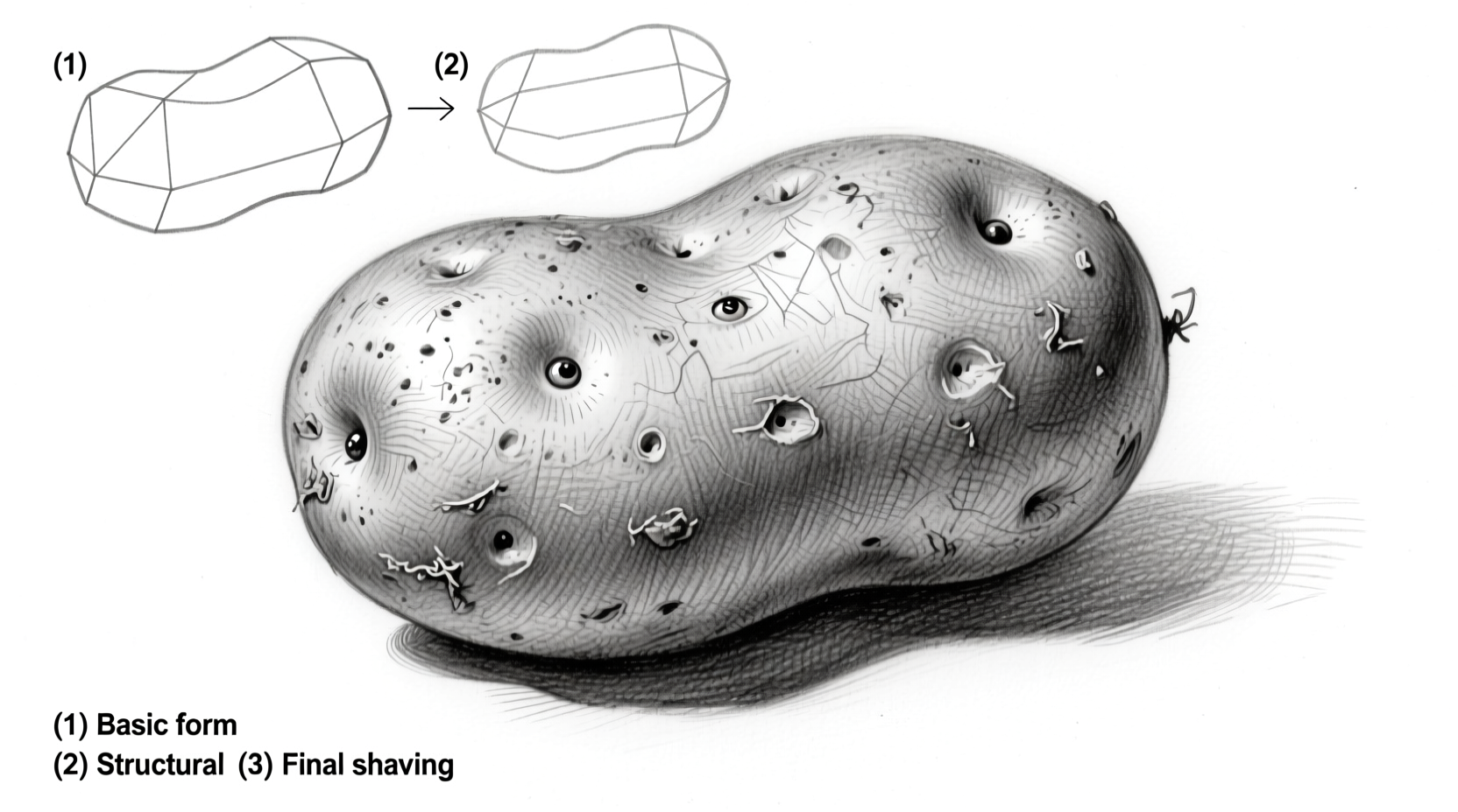 Step-by-step potato drawing tutorial showing basic shape to finished sketch