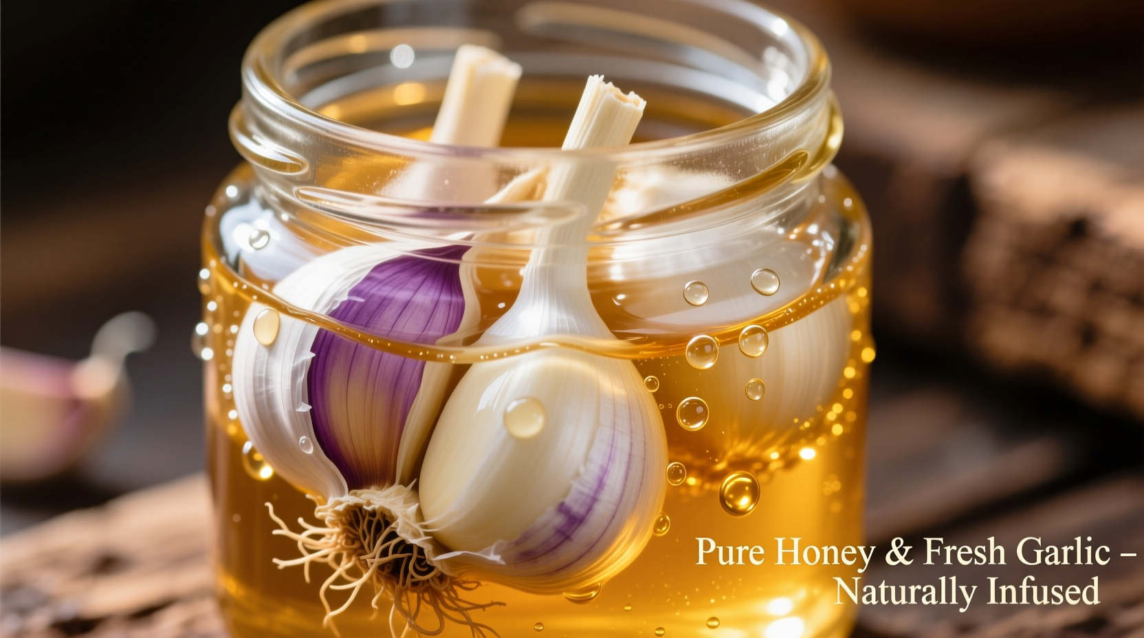 Fresh garlic cloves steeping in golden honey jar
