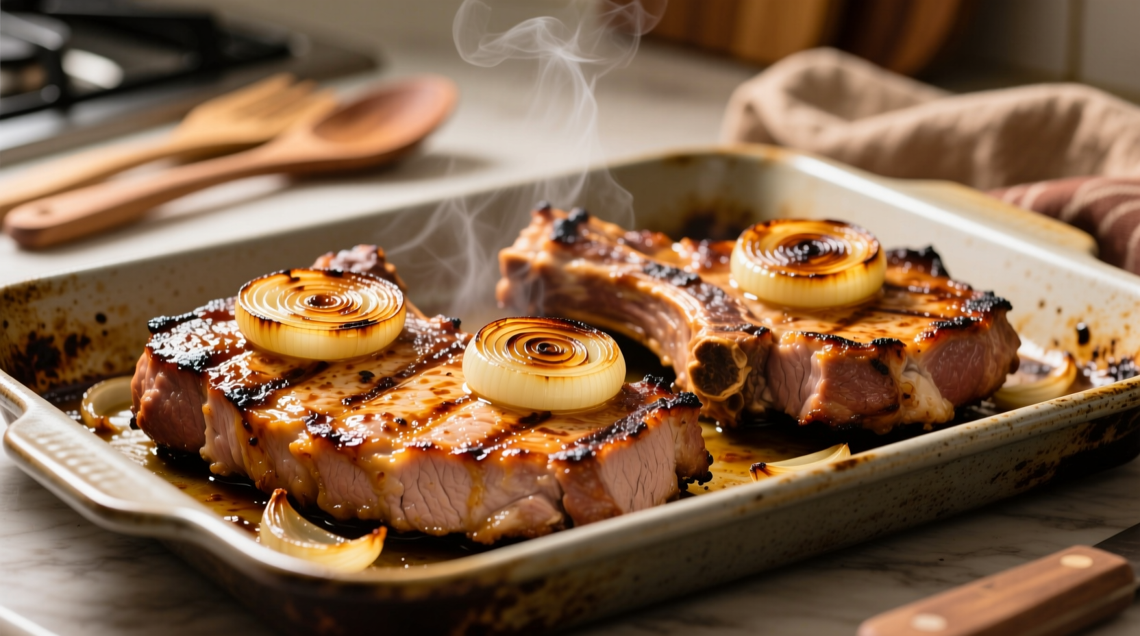 Golden brown pork chops with onion crust on baking sheet