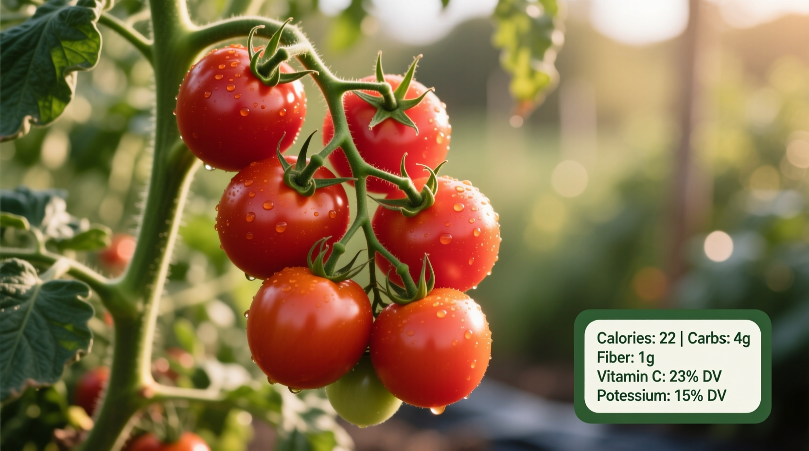 Fresh Roma tomatoes on vine with nutritional facts