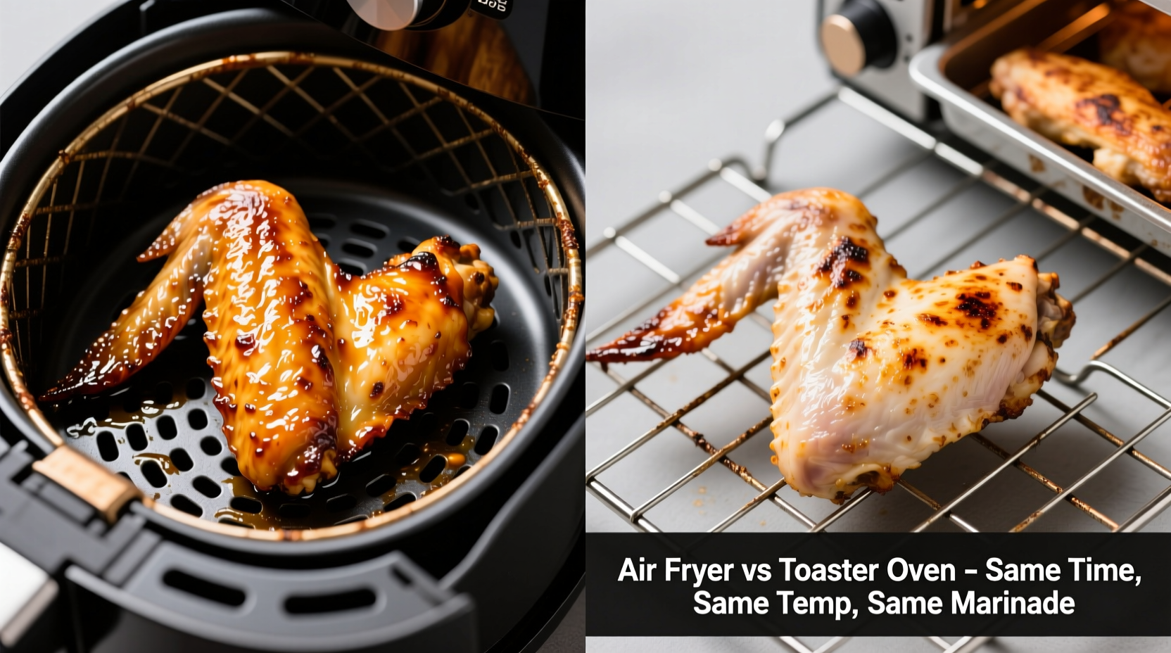 Side-by-side comparison: golden-brown, deeply textured wings from air fryer basket versus pale, unevenly browned wings from toaster oven rack—both cooked same time, same temp, same marinade