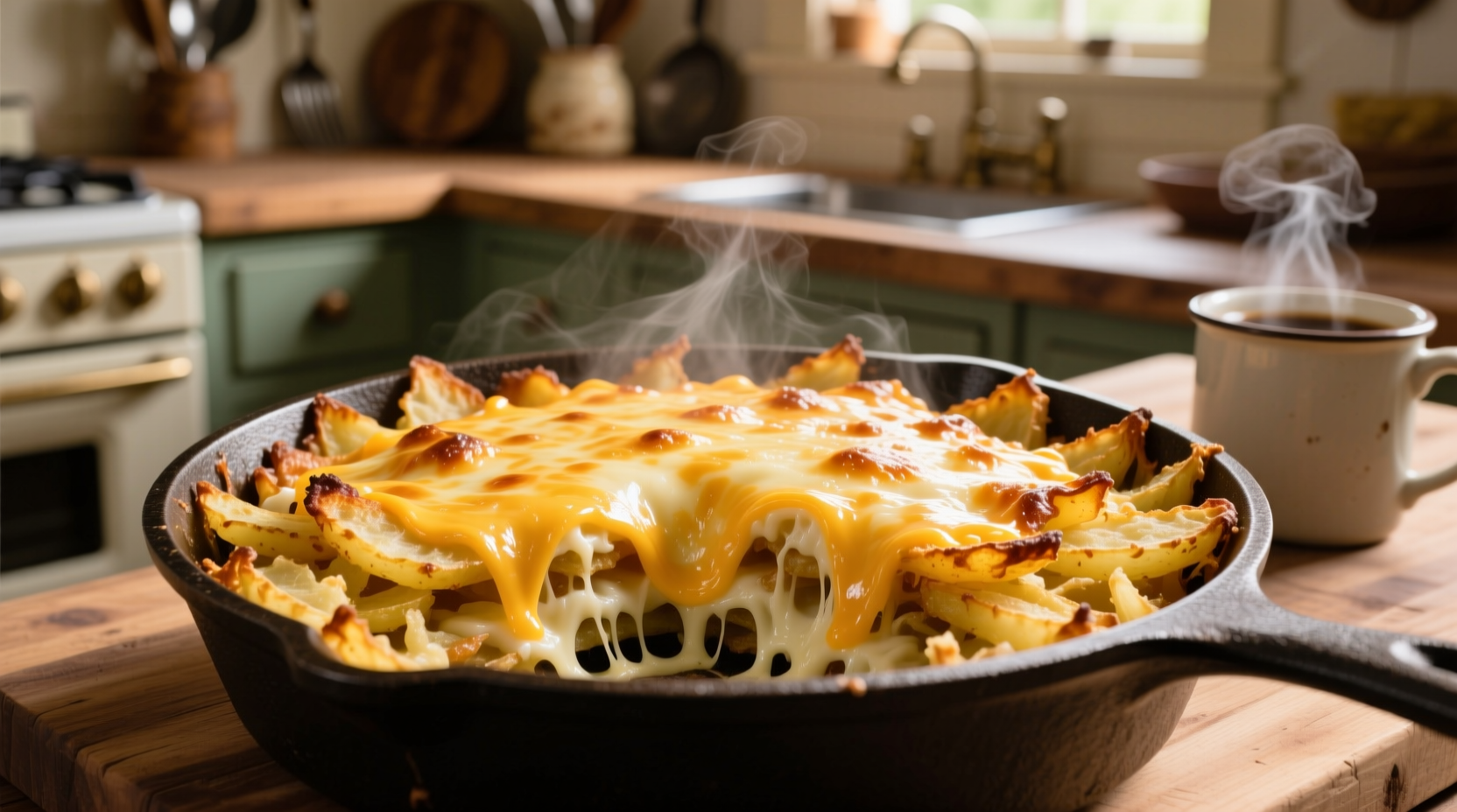 Golden cheesy hash brown casserole with melted cheese
