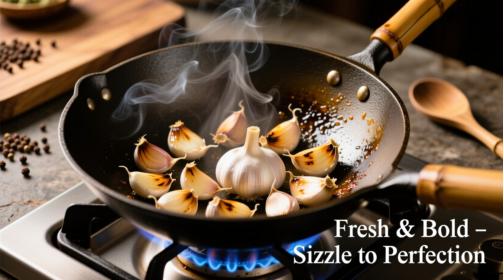 Fresh garlic cloves sizzling in wok