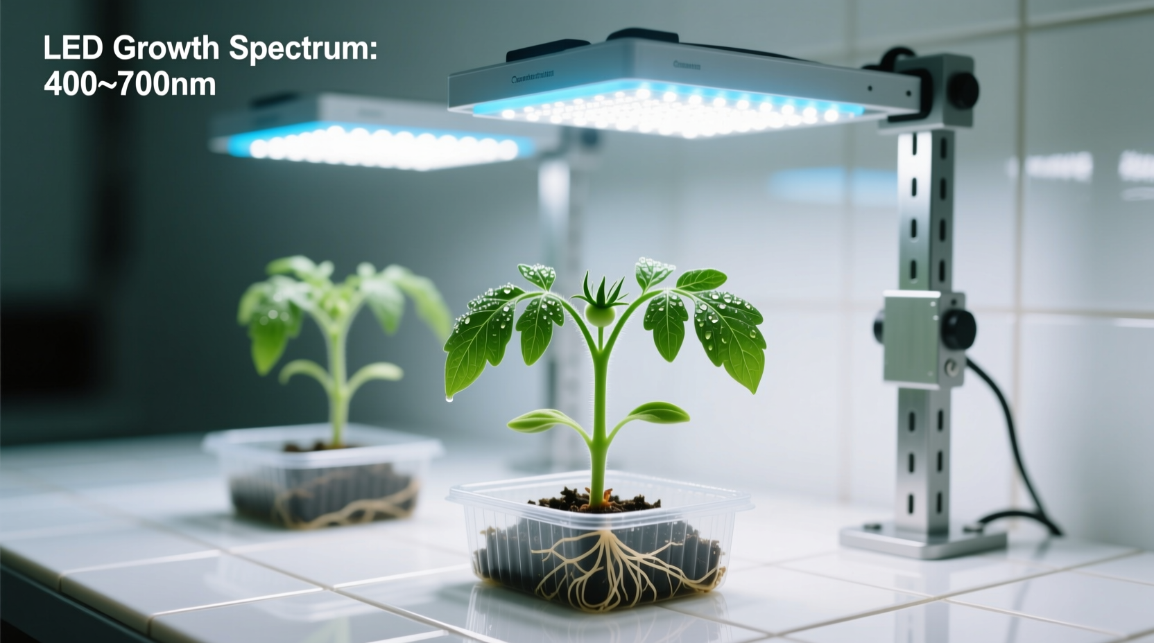 Tomato seedlings under adjustable LED grow lights