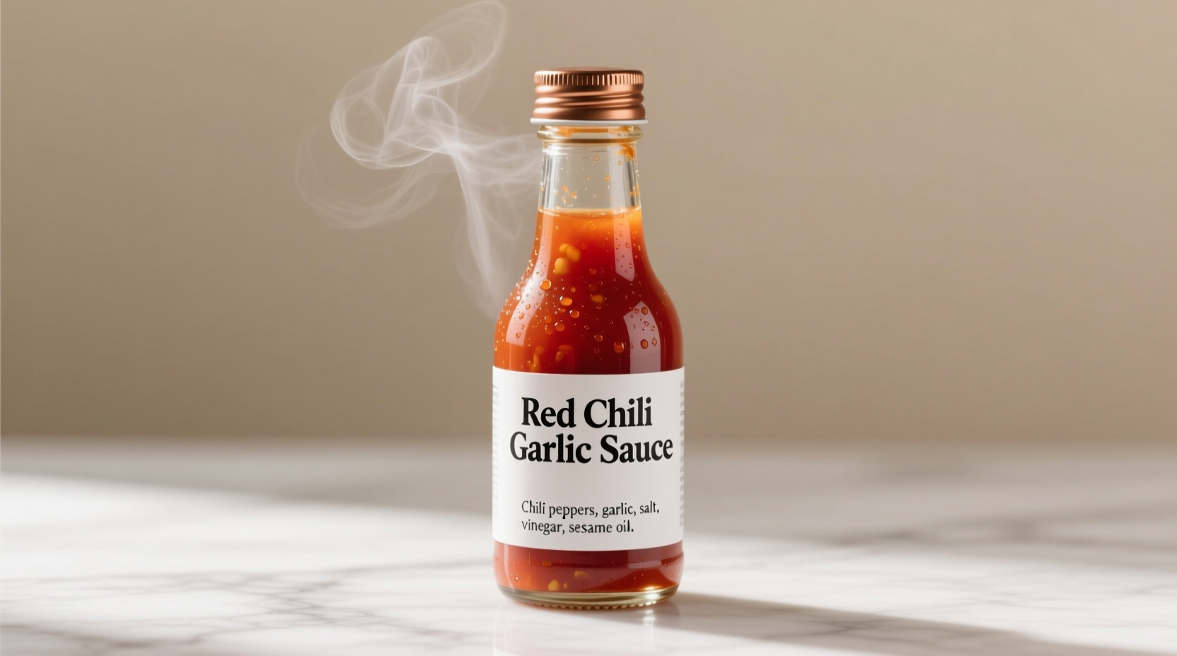 Red chili garlic sauce in glass bottle with ingredients