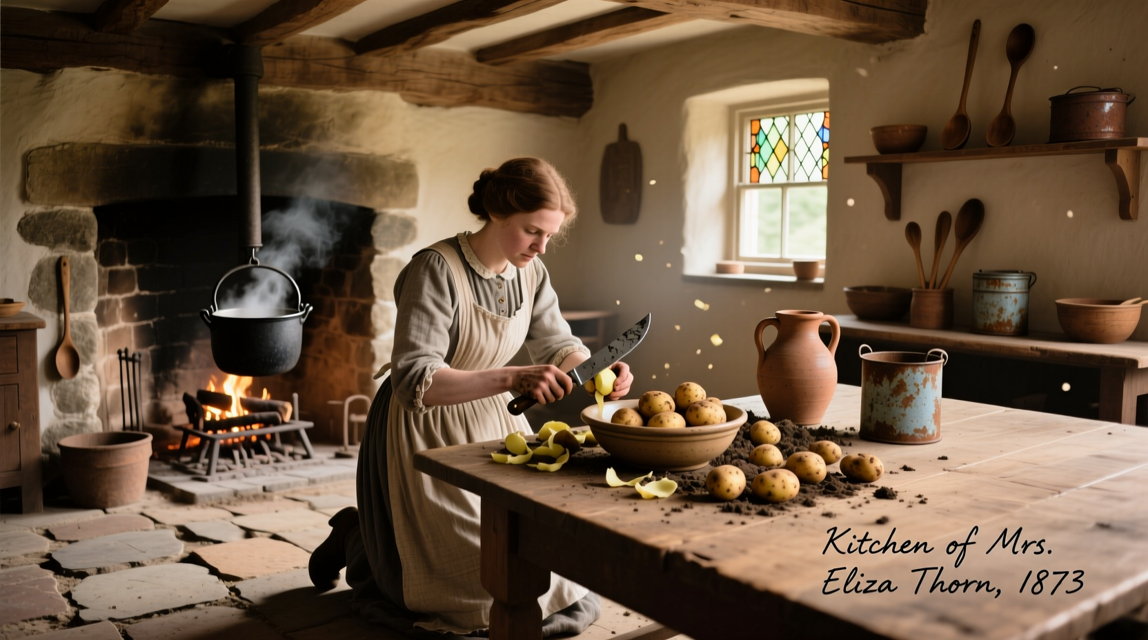 Historical photo of 19th century kitchen with potato preparation