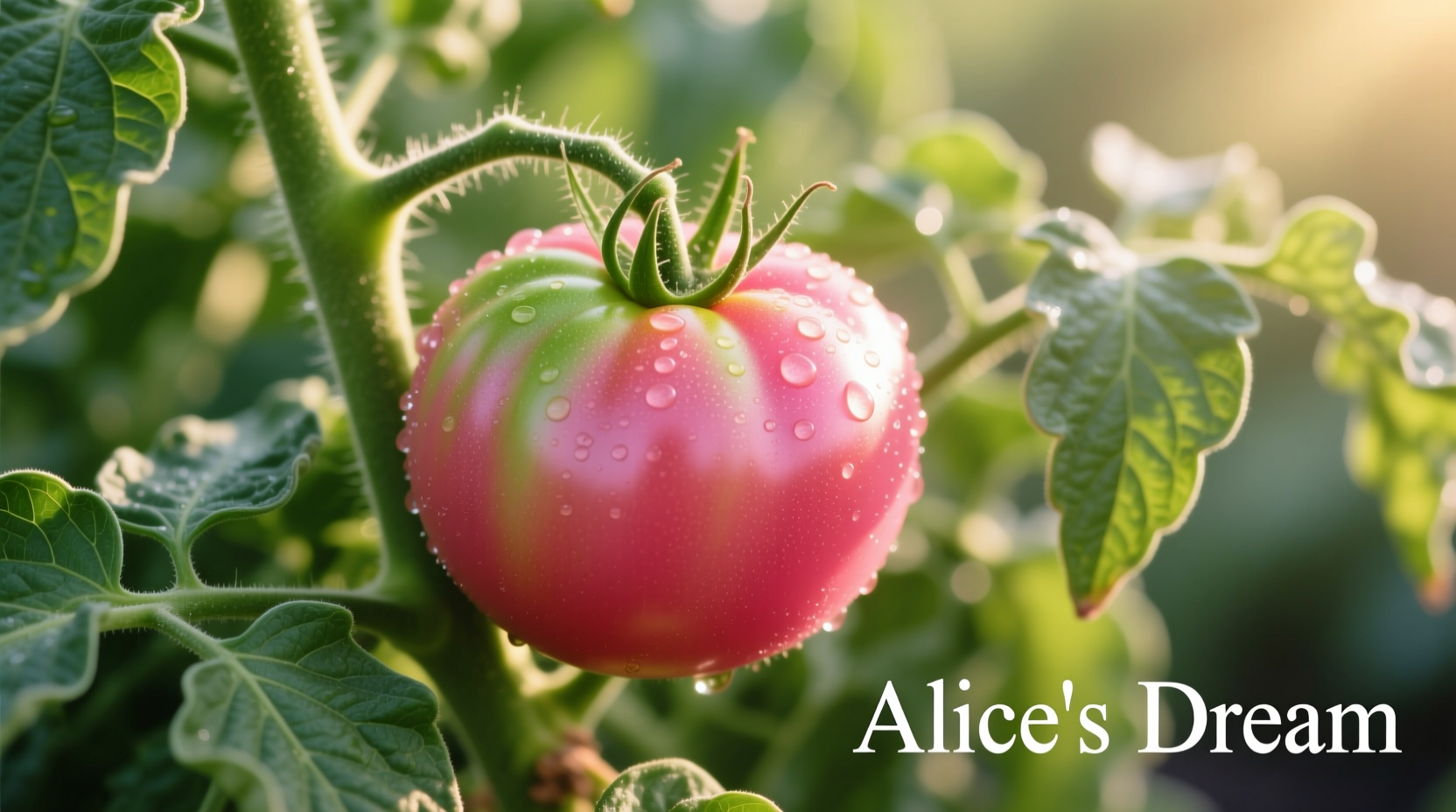 Ripe Alice's Dream tomato on vine showing pink color with green shoulders
