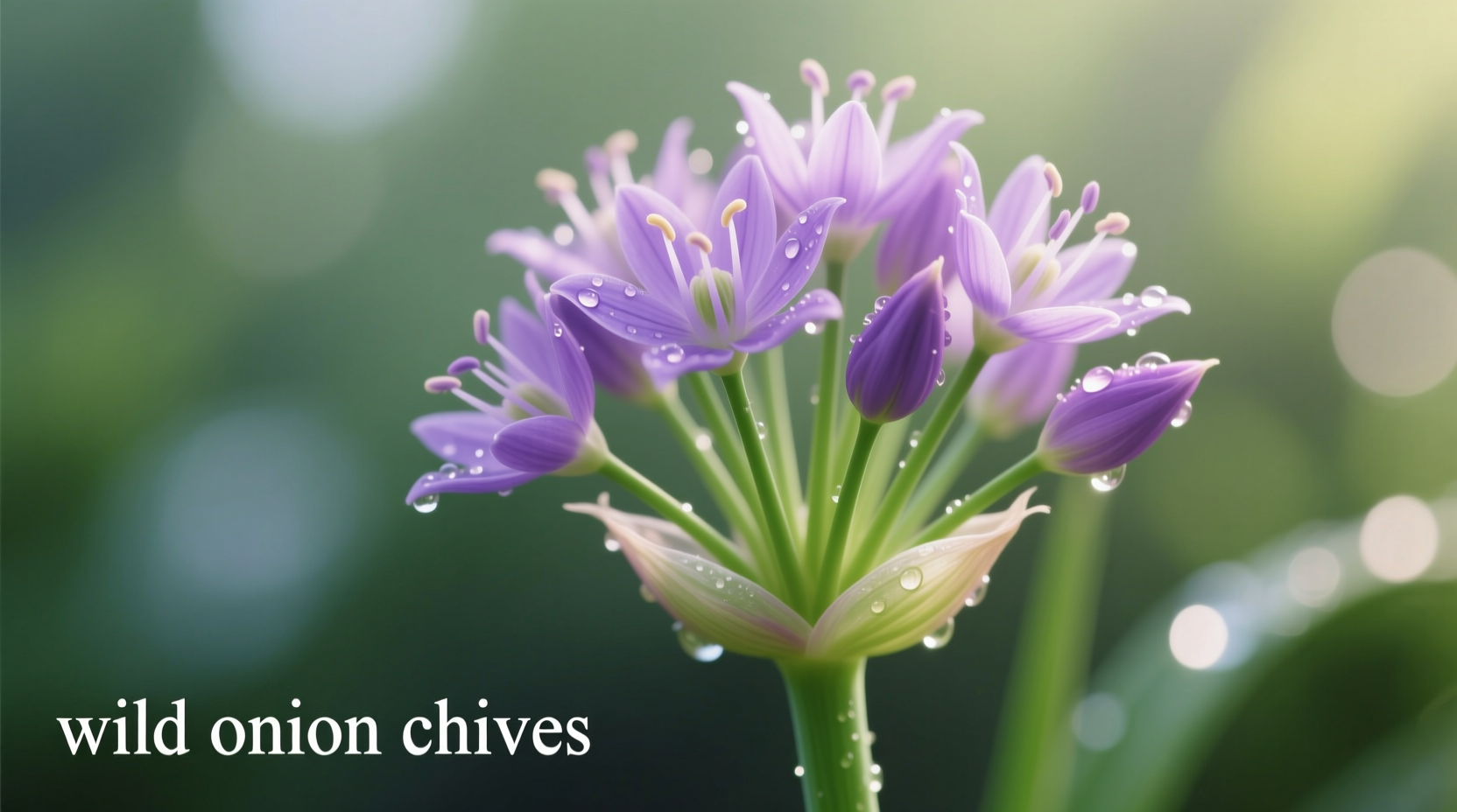 Close-up of wild onion chives showing purple flowers and hollow leaves