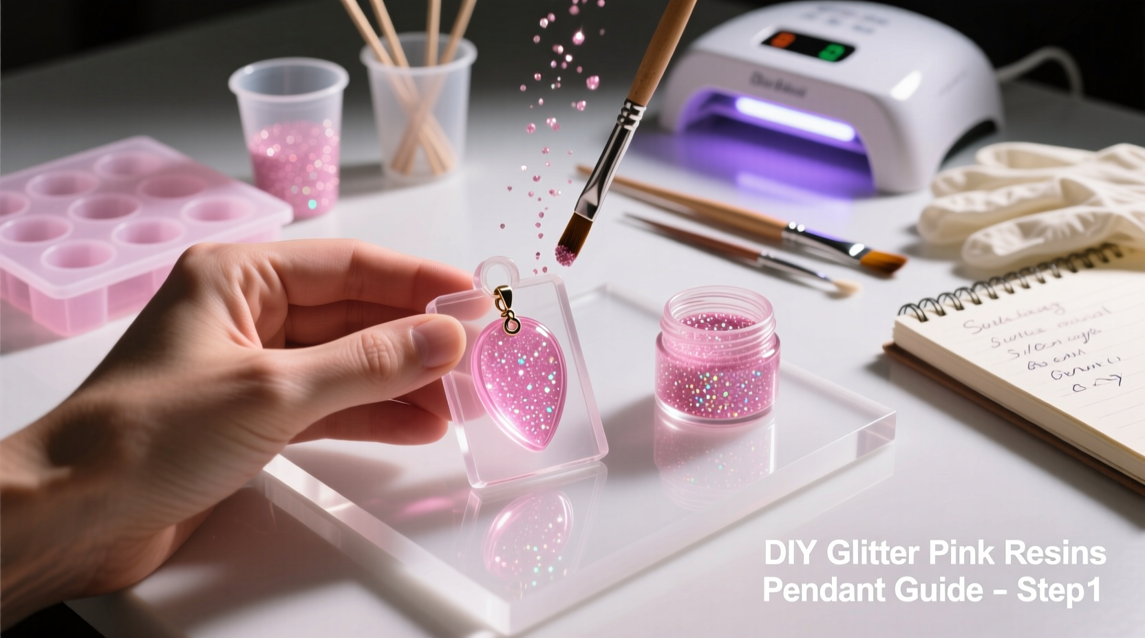 step by step guide to crafting sparkling glitter pink resin pendants at home