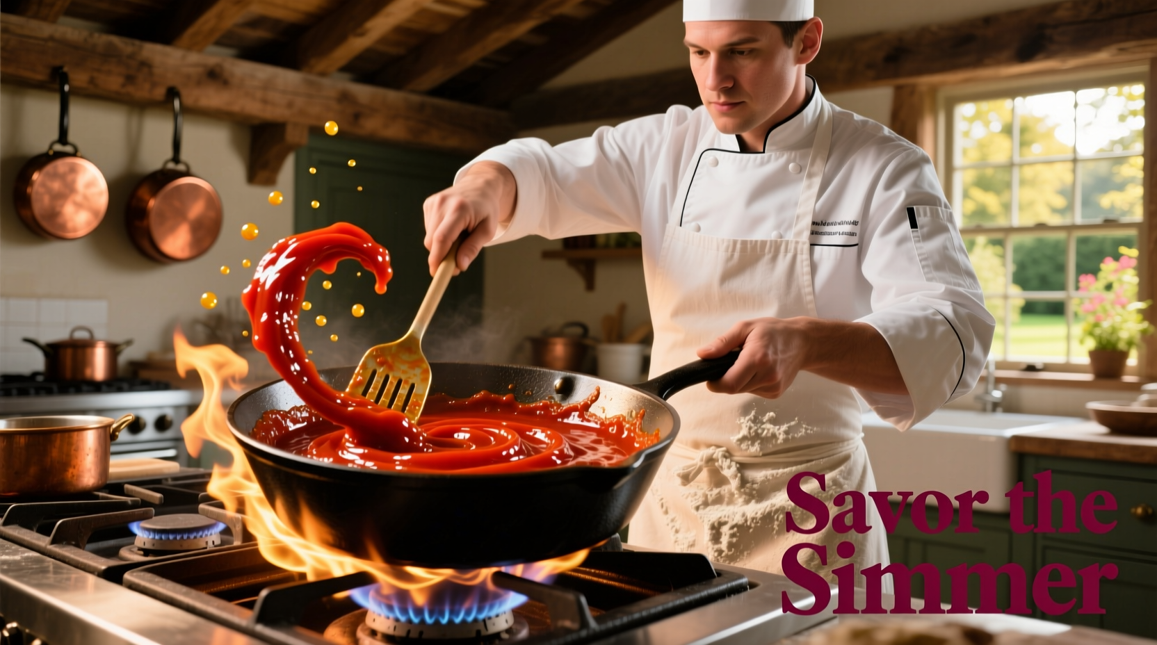 Chef stirring tomato paste in a skillet