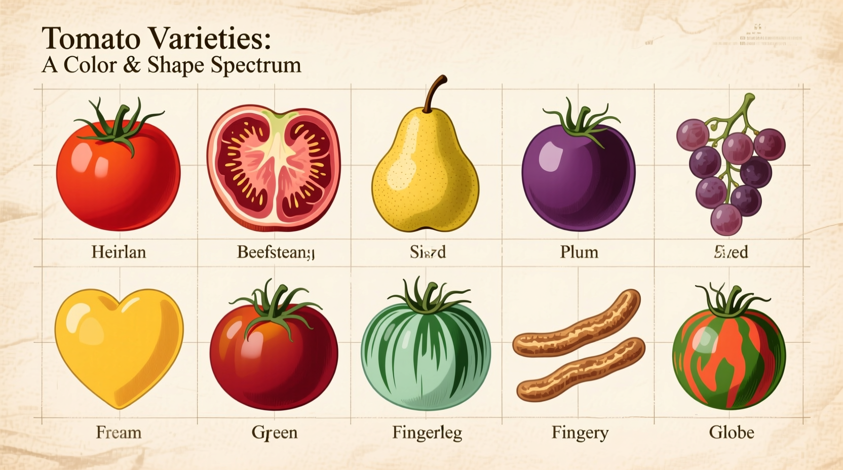 Colorful tomato varieties chart showing different shapes and sizes