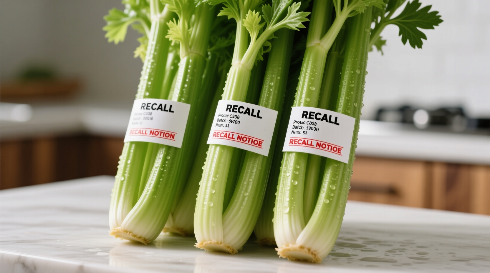 Celery stalks with identification labels showing recall information