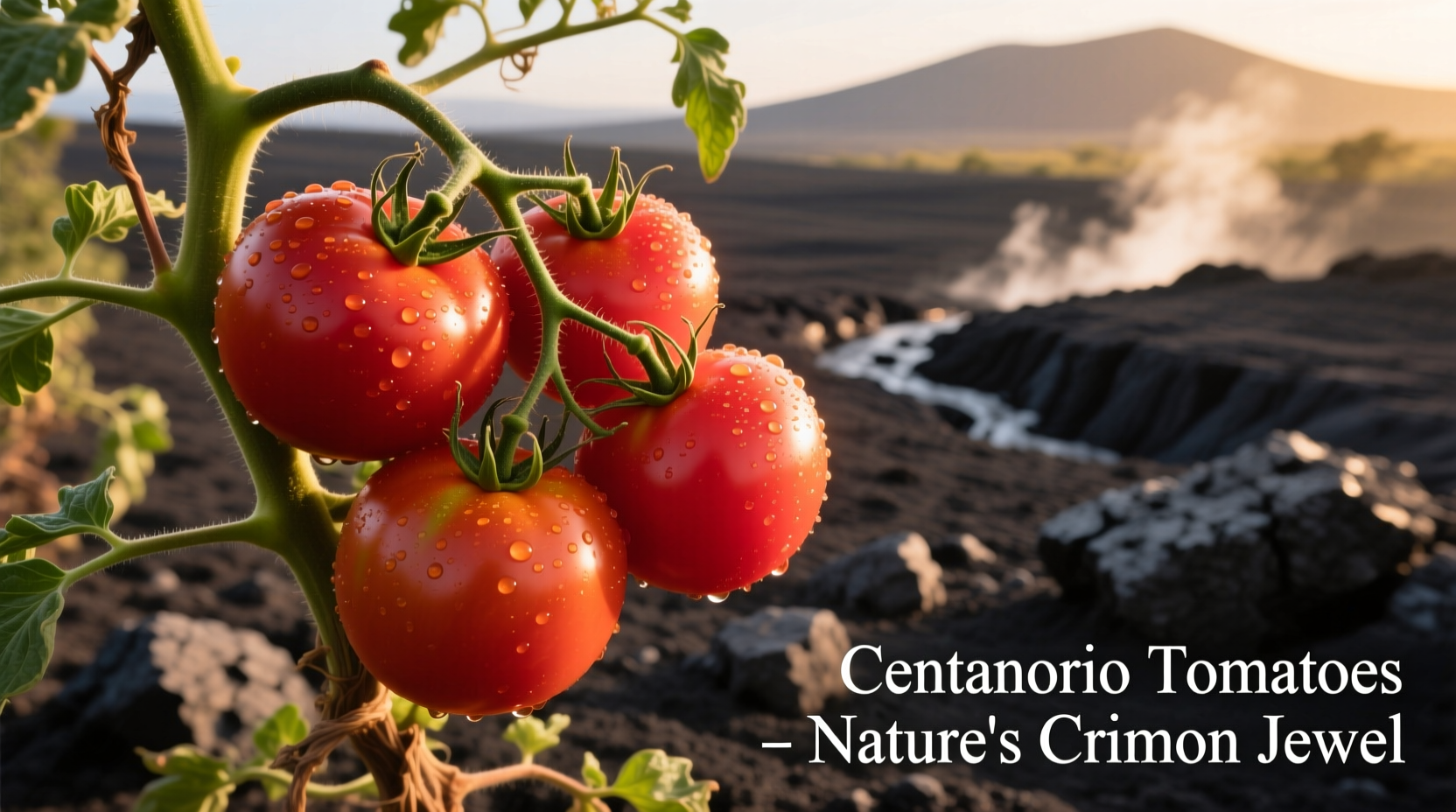 Ripe Centenario tomatoes on vine with volcanic soil background