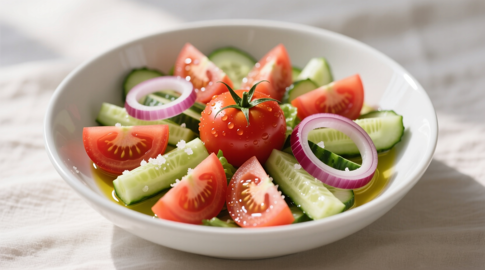 Fresh tomato cucumber onion salad in white bowl