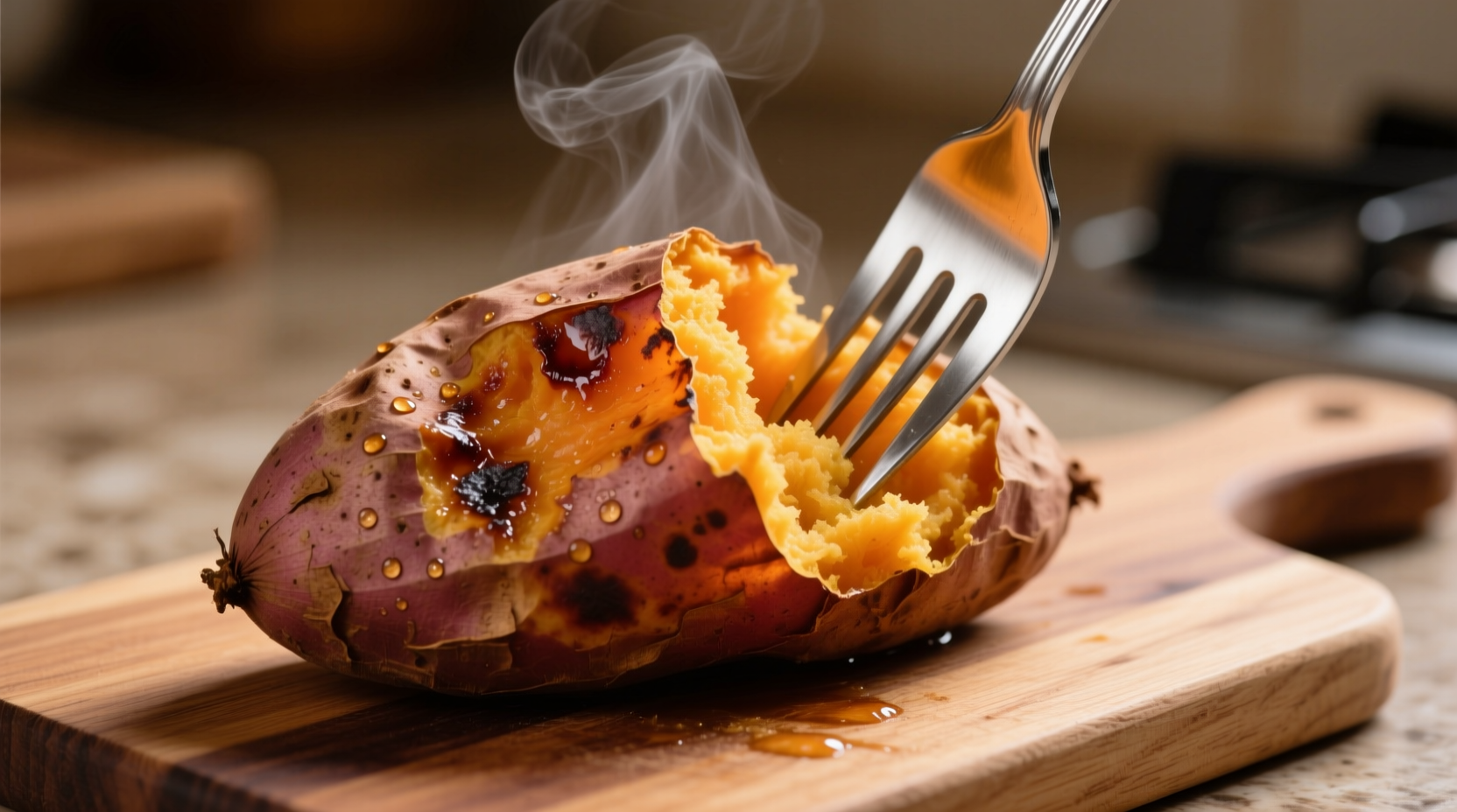 Microwaved sweet potato with fork showing fluffy interior