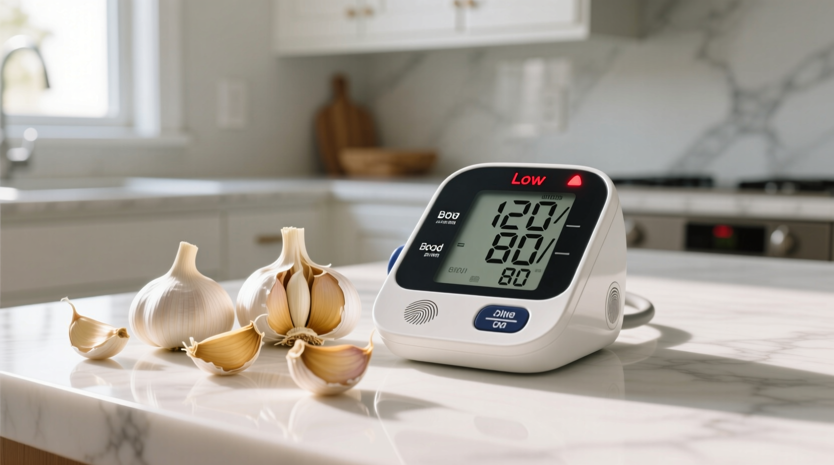 Garlic cloves next to blood pressure monitor