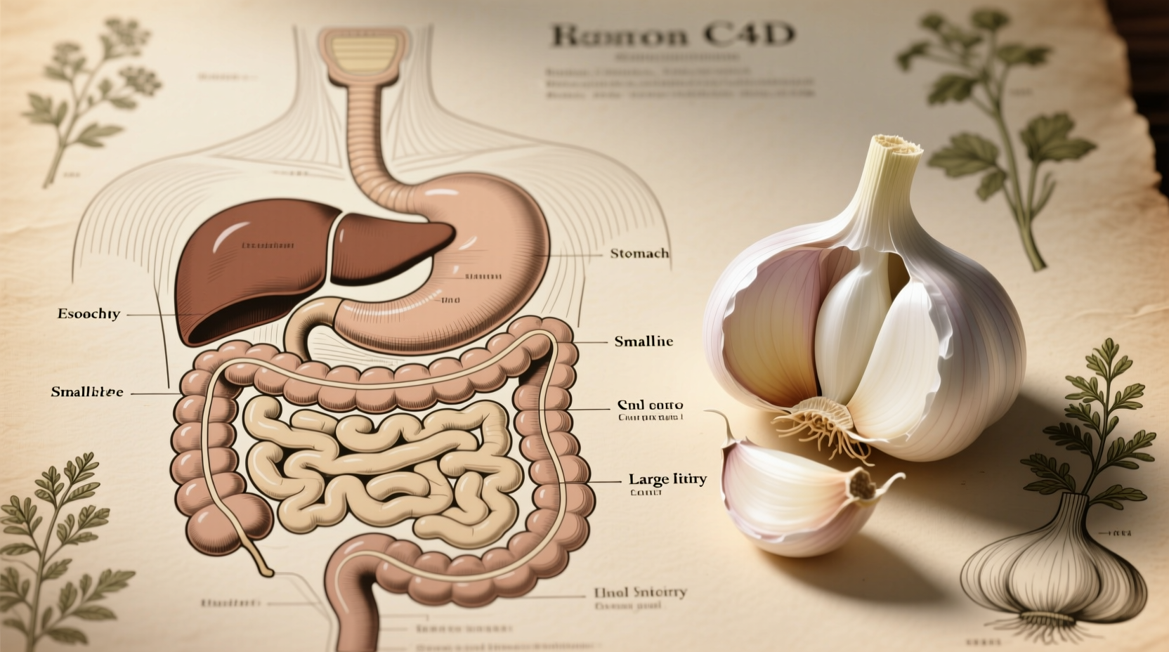 Garlic cloves next to digestive system diagram