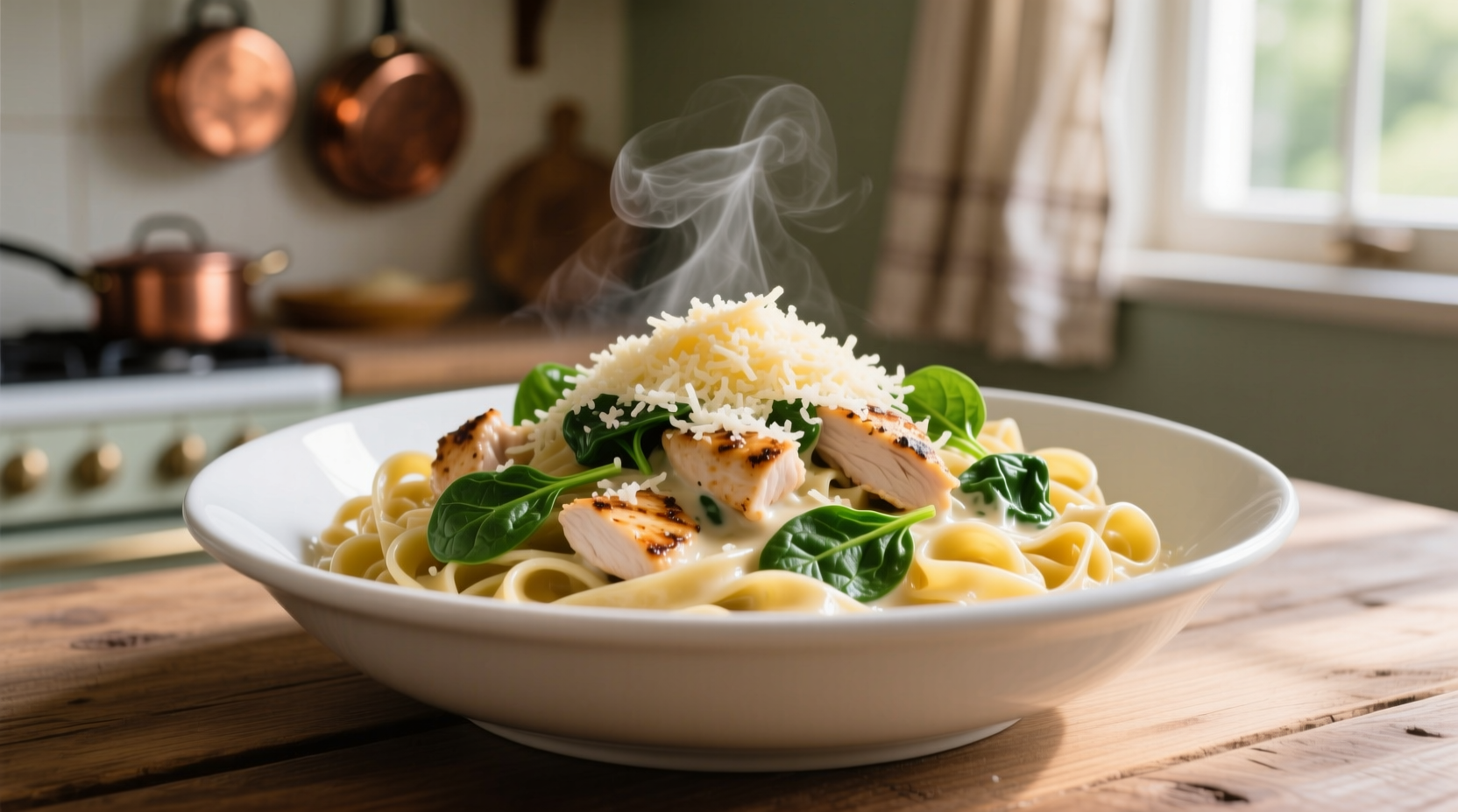 Creamy chicken spinach pasta in white bowl with fresh parmesan