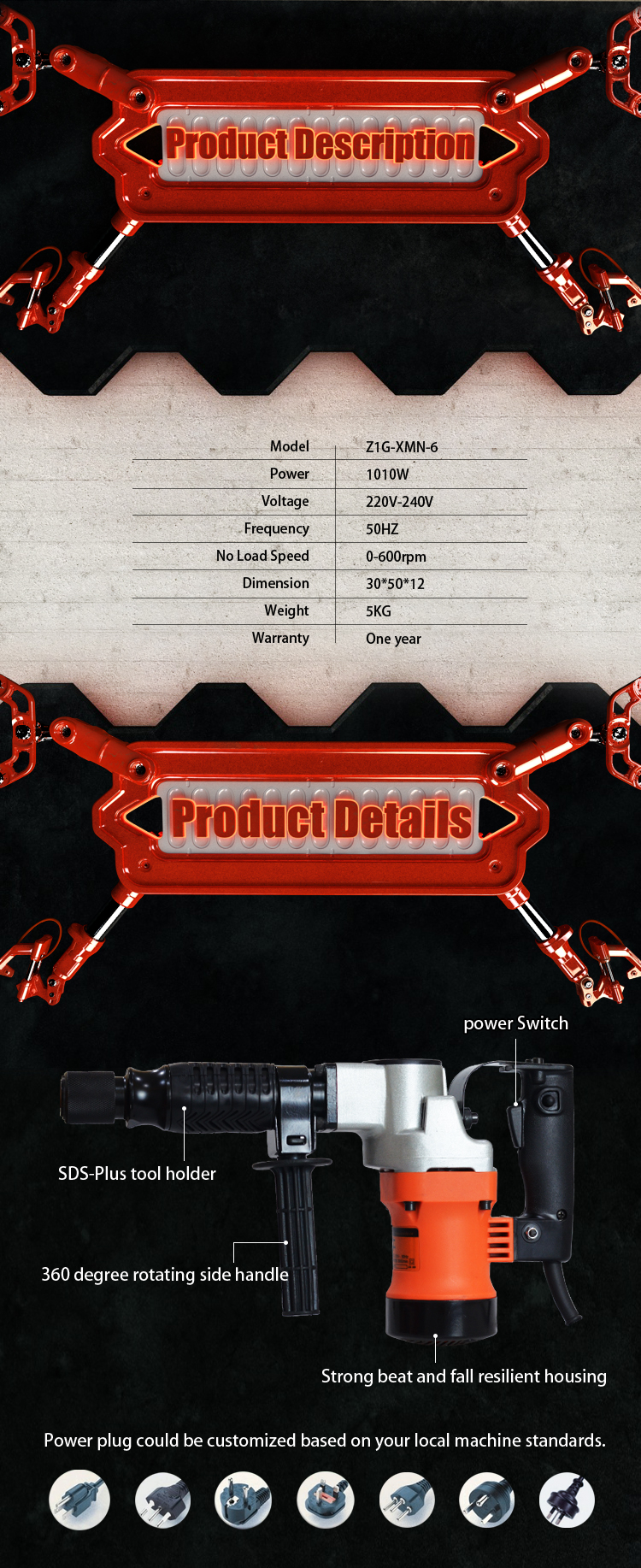 New Cheap Hand Power Tools 50Hz Electric Demolition Breaker Hammer Drill