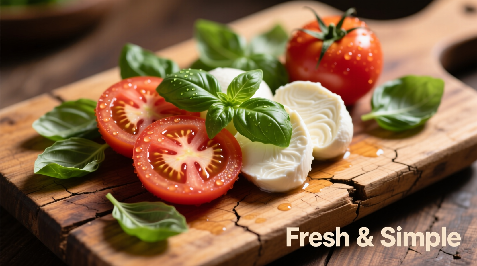 Fresh tomato mozzarella basil ingredients on wooden board