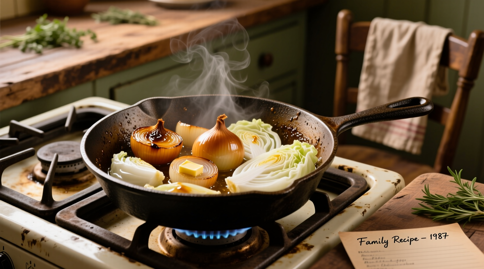 Cabbage and onions cooking in cast iron skillet