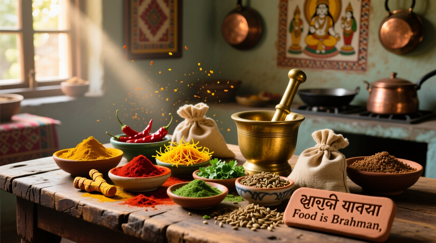 Traditional Indian spices arranged beautifully on wooden table