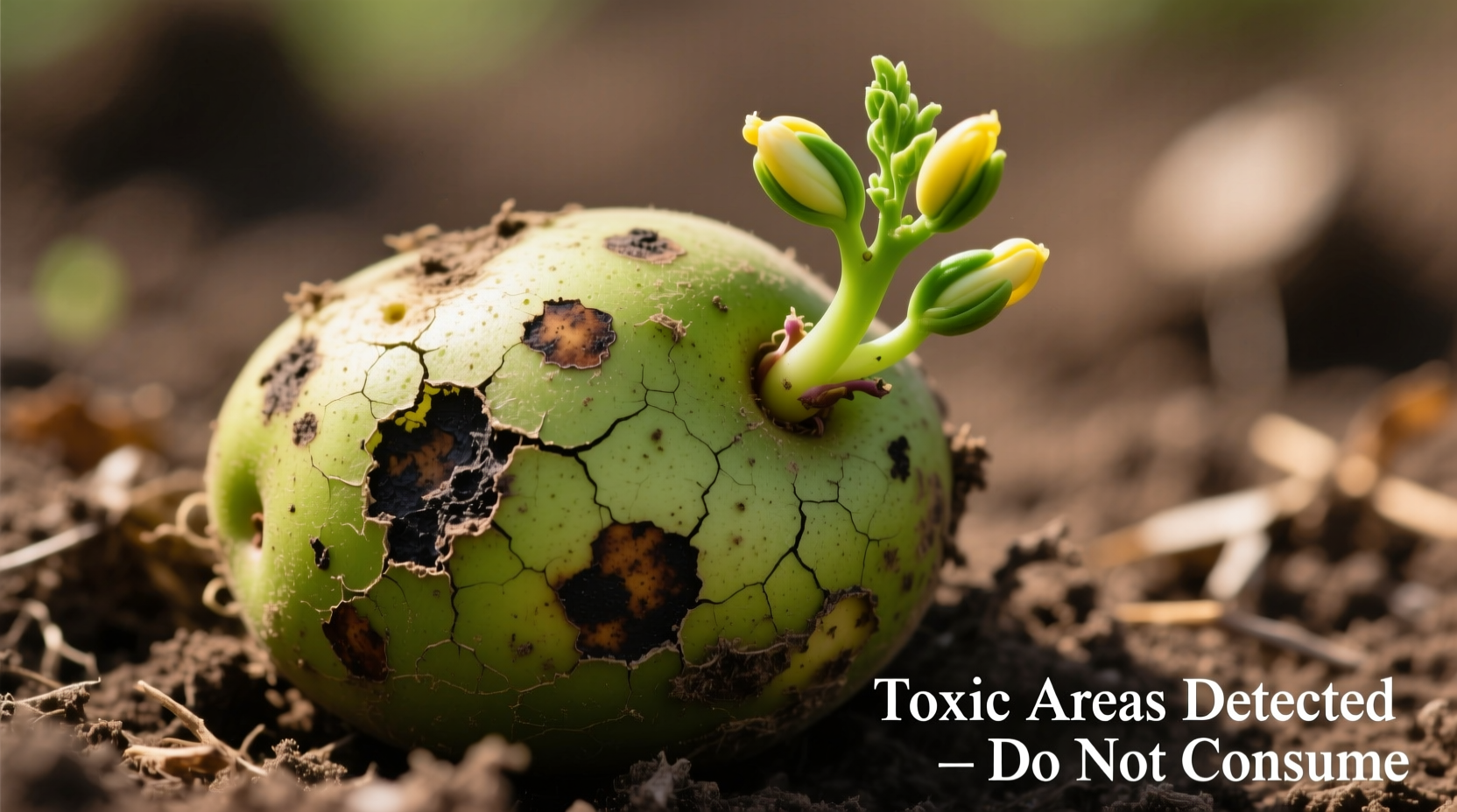 Green potato with visible sprouts showing toxic areas