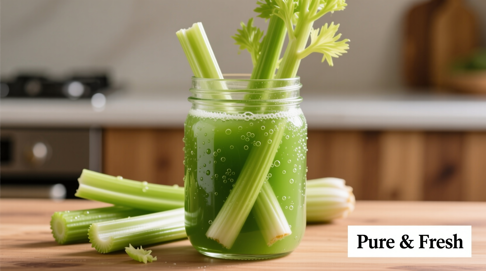 Fresh green celery juice in glass container with celery stalks