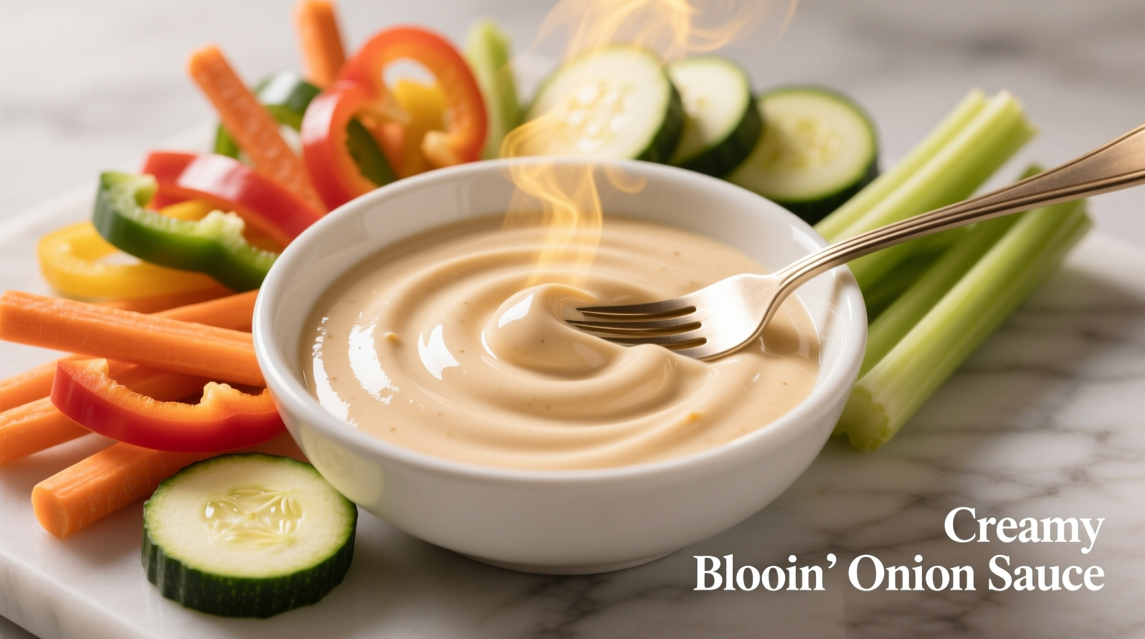 Creamy bloomin onion sauce in white bowl with dipping vegetables