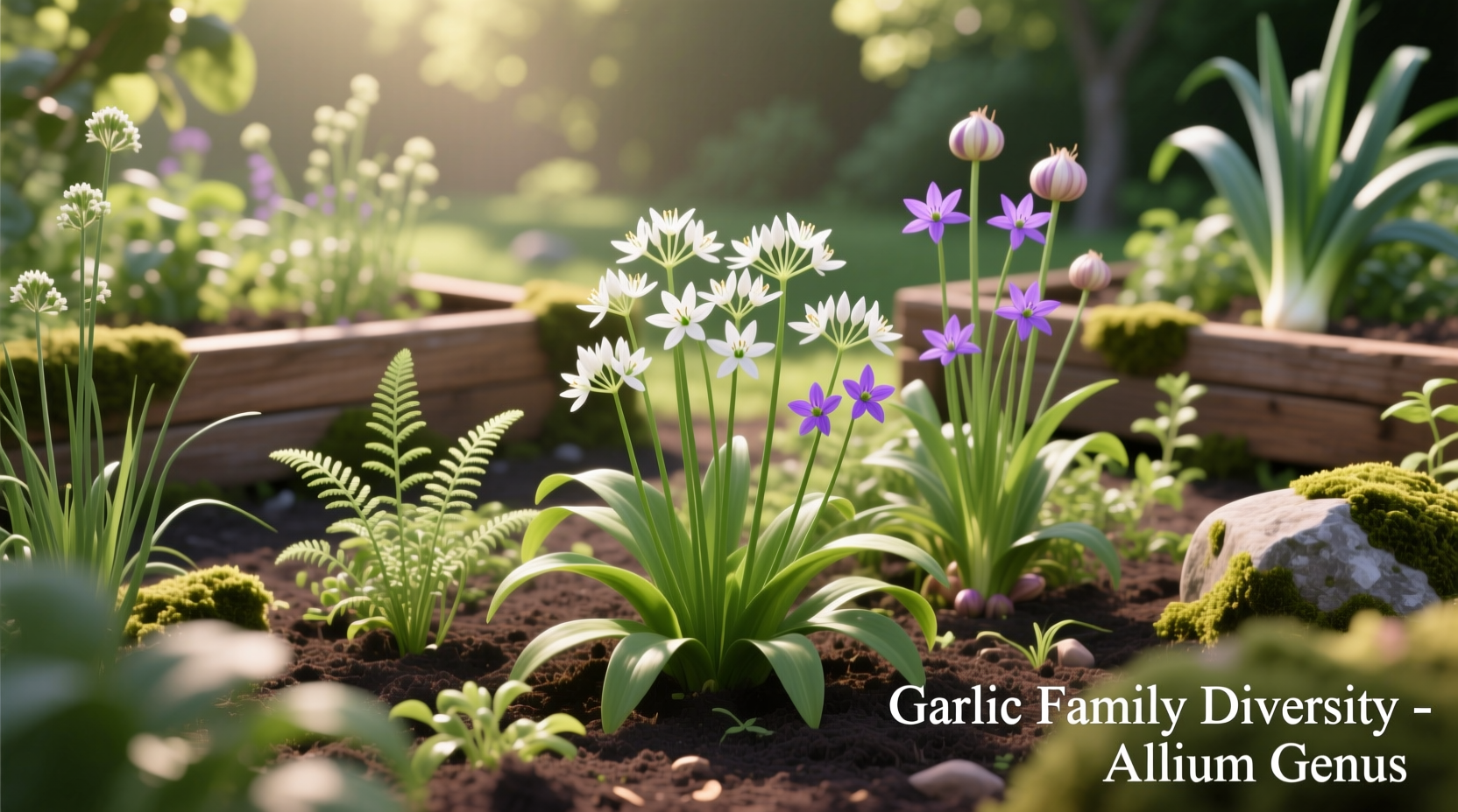Various garlic family plants growing in garden